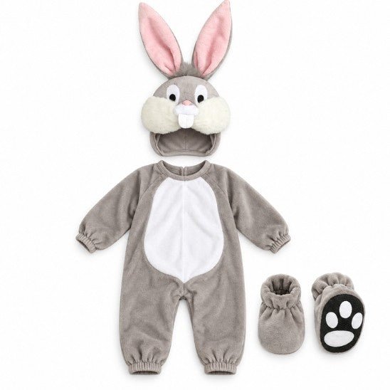 Costume Halloween bébé lapin gris : combinaison à ventre blanc, bonnet à oreilles roses et chaussons à coussinets