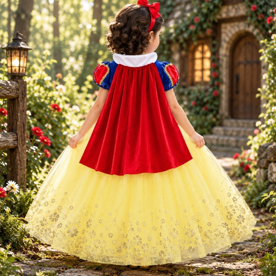 Costume princesse fille vue de dos avec cape rouge