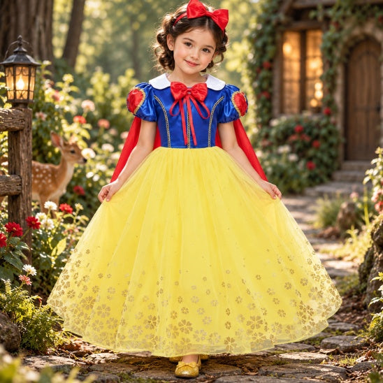 Costume princesse fille bleu rouge et jaune avec jupe longue