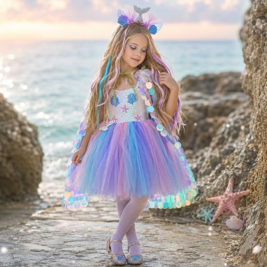 Costume sirène fille sur un chemin de pierres, coucher de soleil