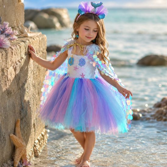 Costume sirène fille pailleté, face, décor de rochers en bord de mer
