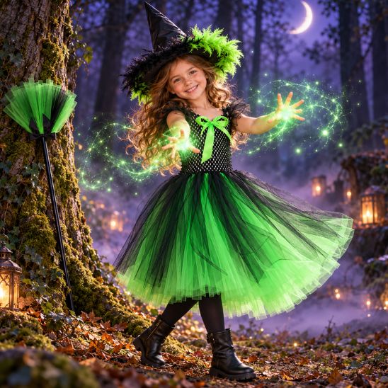 Petite sorcière en costume vert qui lance un sort d'étincelles vertes dans une forêt enchantée la nuit