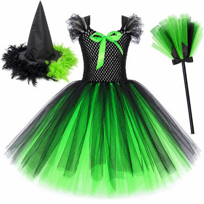 Costume sorcière complet : robe tutu vert et noir à nœud vert, chapeau pointu bordé de plumes et balai en tulle