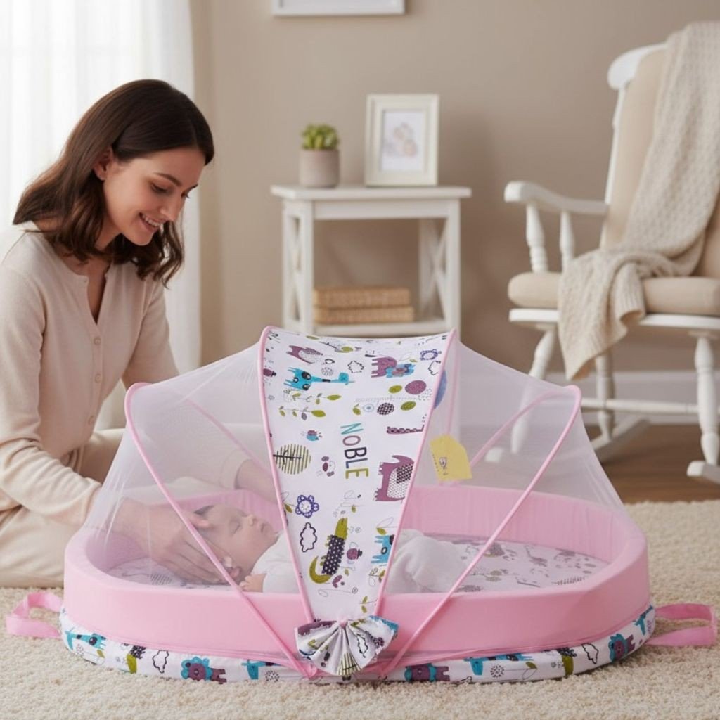 Lit bébé portable Animal Paradise, fond blanc, feuilles et pois, nœud décoratif