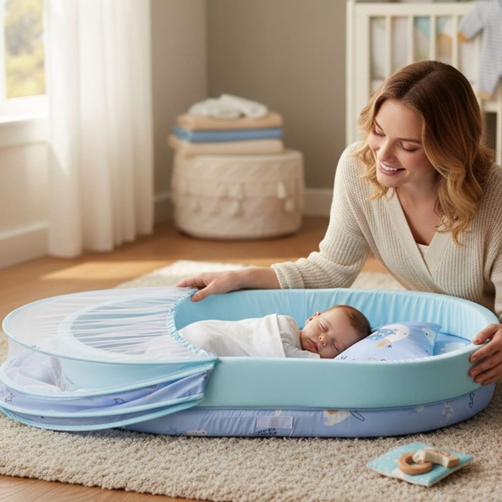 Couffin bébé – 5 pièces avec moustiquaire, maille hexagonale, rebord bleu lagon