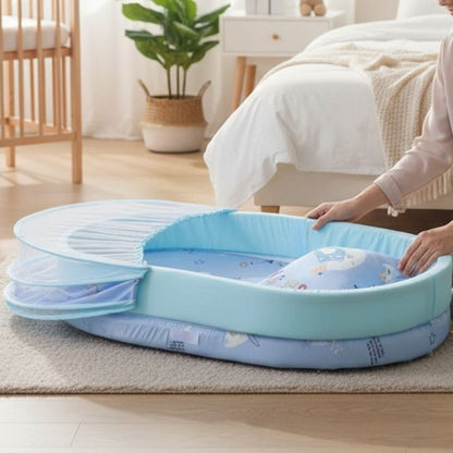 Lit bébé nomade, moustiquaire maille hexagonale, mini-animaux et éléments nature