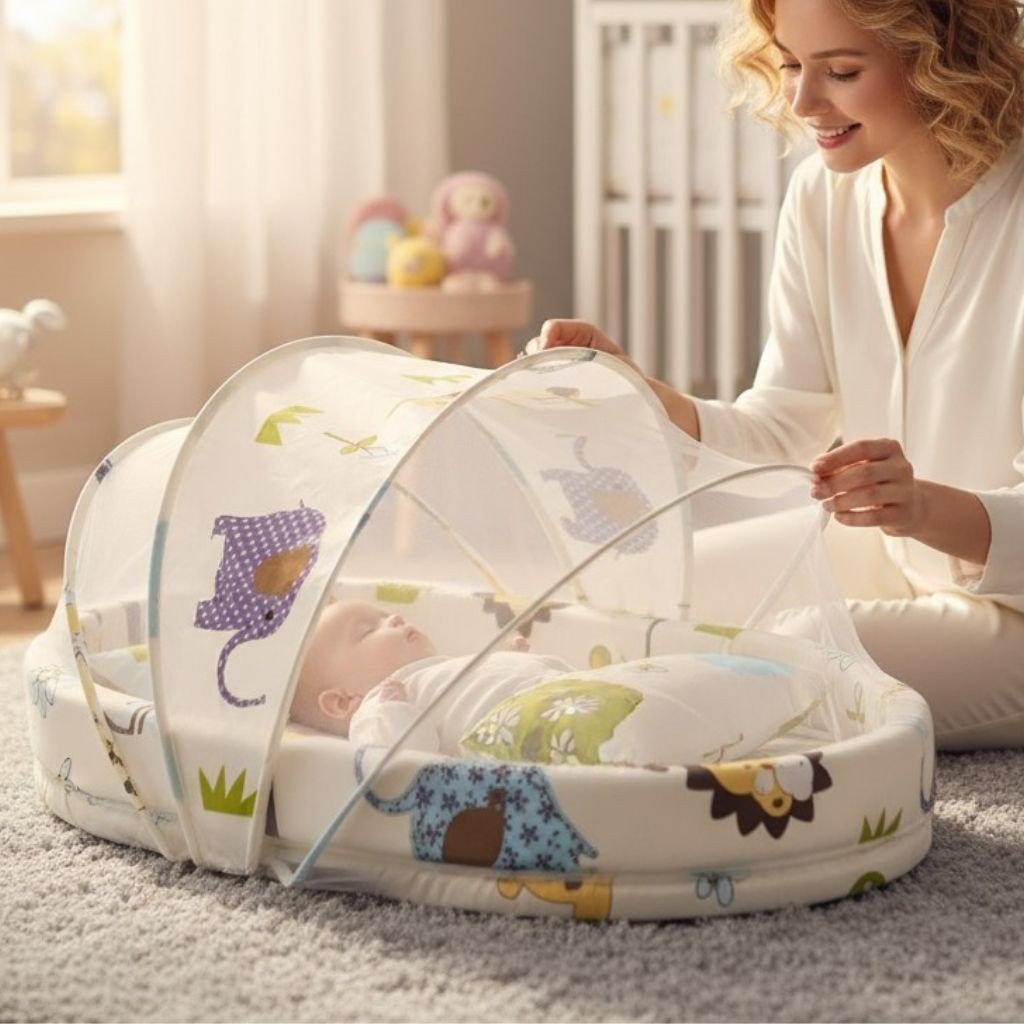 Lit bébé nomade, moustiquaire maille hexagonale, mini-animaux et éléments nature