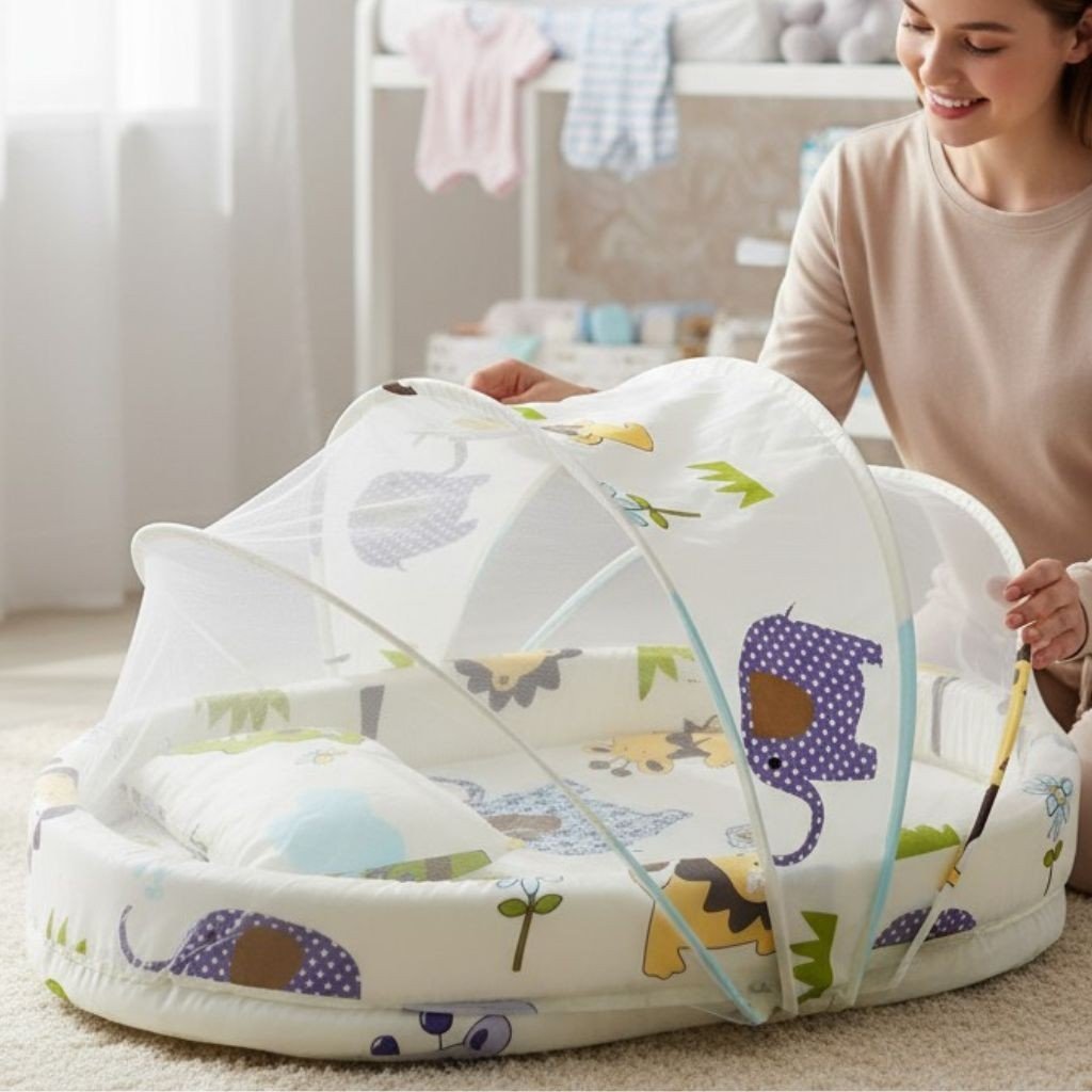 Couffin bébé – 5 pièces avec moustiquaire, maille hexagonale, rebord bleu lagon