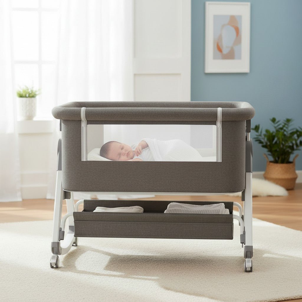 Couffin bébé cododo avec roulettes gris et panier de rangement intégré - Spot Bébé