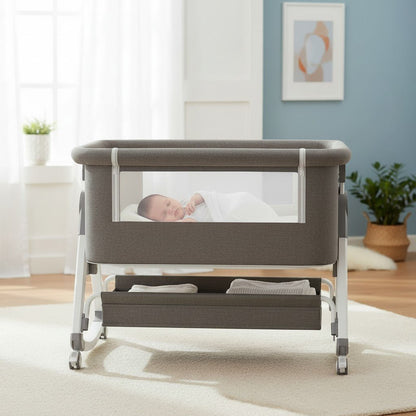Couffin bébé cododo avec roulettes gris et panier de rangement intégré - Spot Bébé