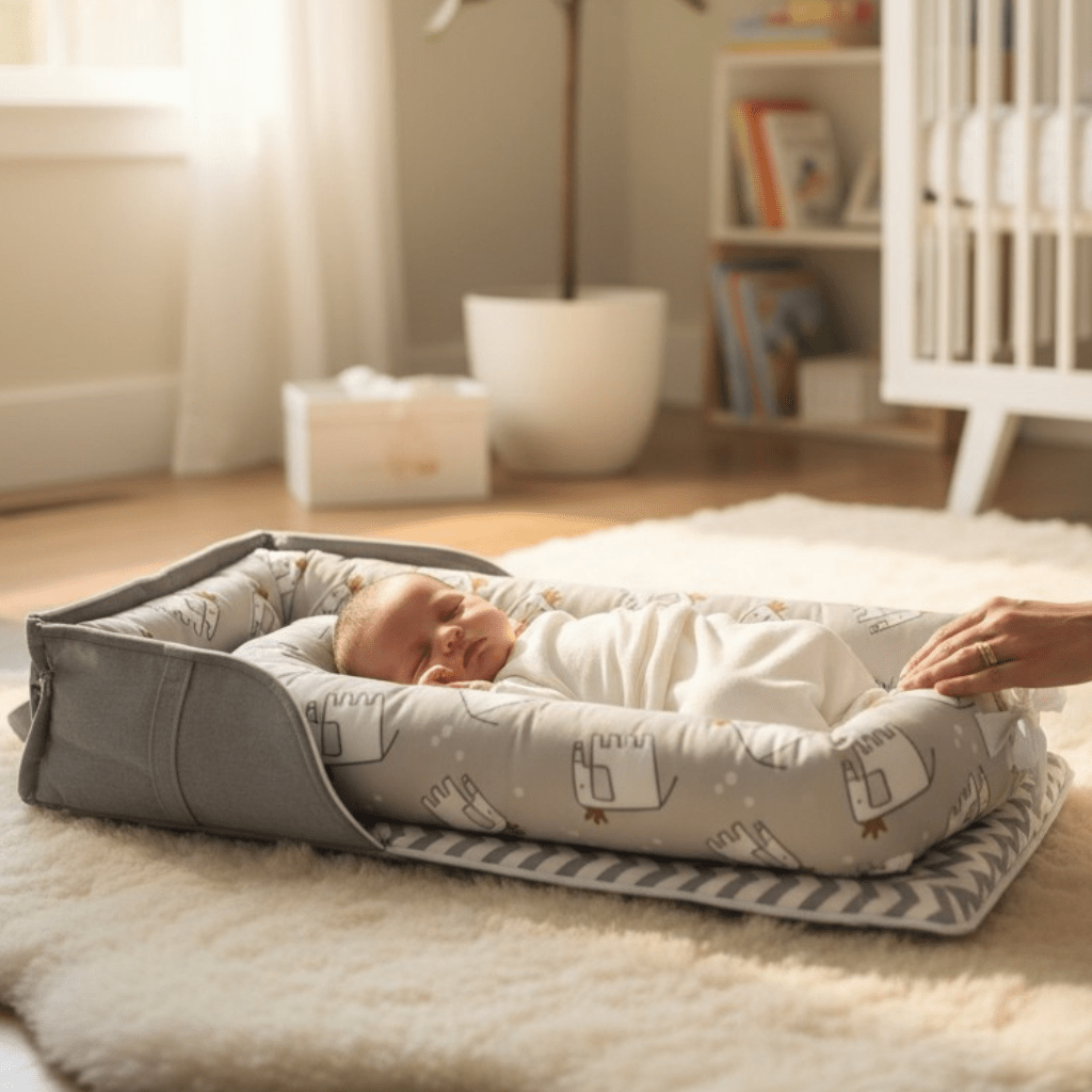 Couffin bébé Safari écologique dans une chambre naturelle – Ambiance douce et cocon.