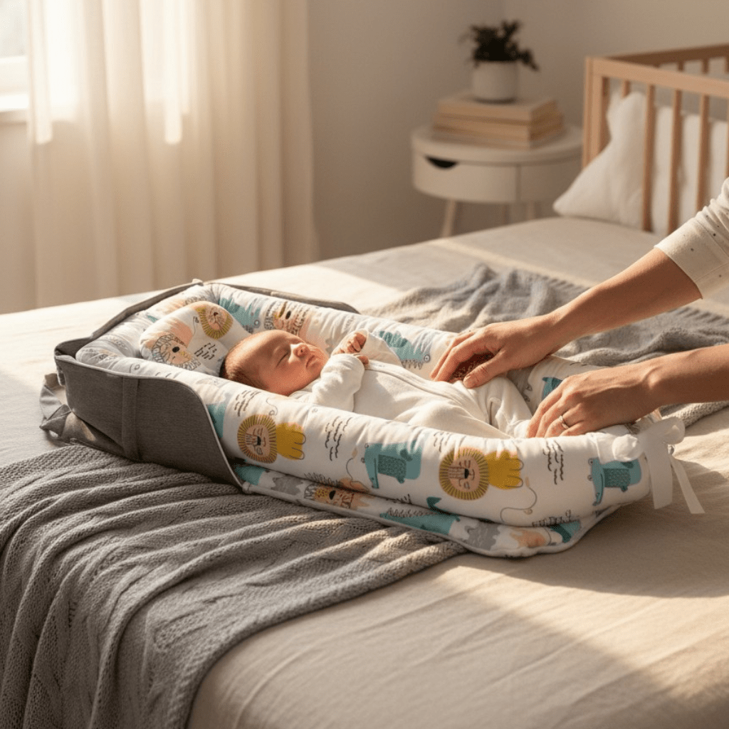 Détail du tissu du couffin bébé Safari écologique – Matière douce et respirante.