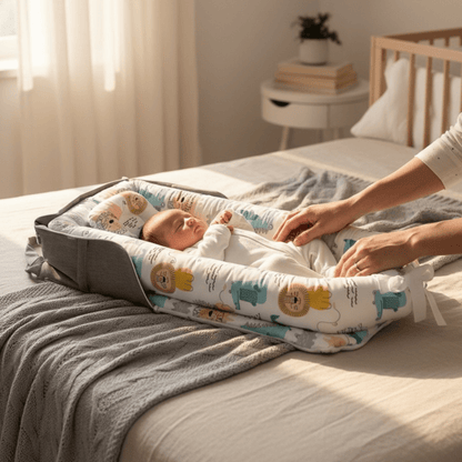 Détail du tissu du couffin bébé Safari écologique – Matière douce et respirante.