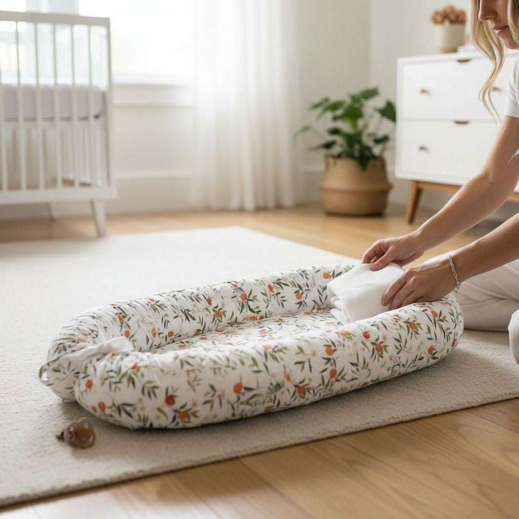 Couffin bébé fille Orangerie, vert feuille, matelas respirant, imprimé agrumes