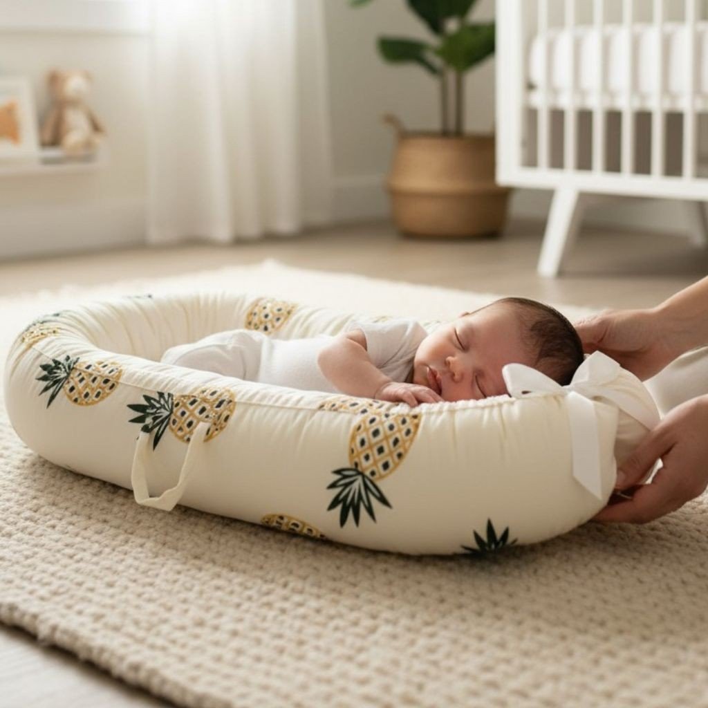 Couffin bébé fille Ananas Tropic, imprimé ananas jaunes sur fond crème, cocon portable