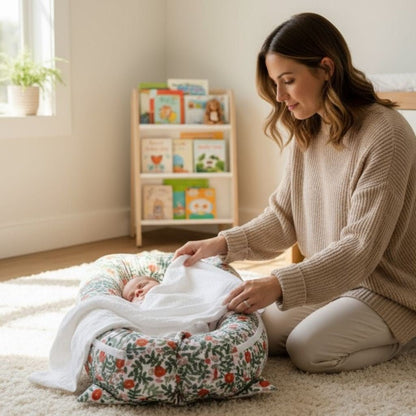 Couffin bébé fille Jardin d’été, beige lin, fleurs fines sur fond neutre respirant