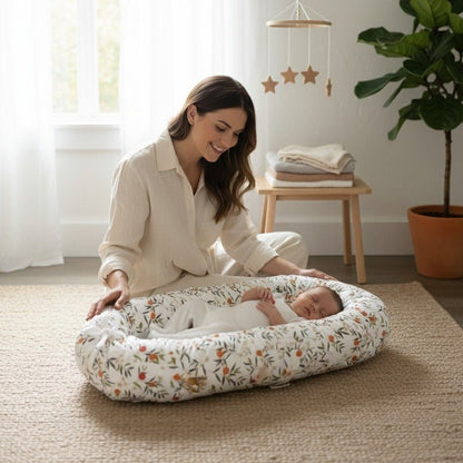 Couffin bébé fille Orangerie, vert feuille, matelas respirant, imprimé agrumes