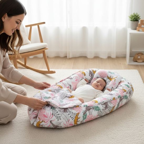 une mère qui regarde son bébé dormir dans le couffin bébé jungle cosy