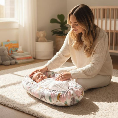 une mère touchant la tête de son bébé installé dans le couffin bébé jungle cosy