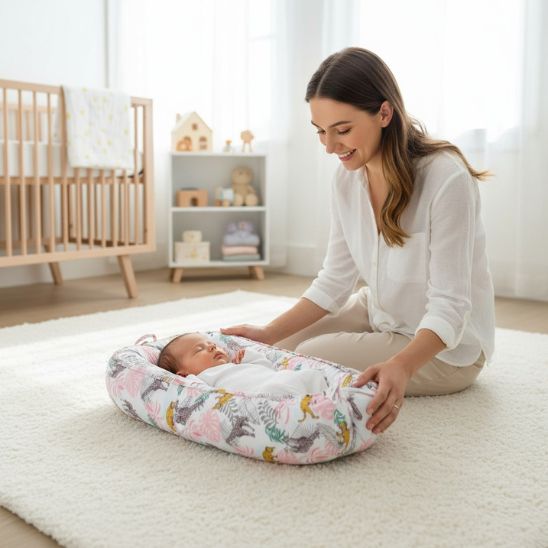 couffin bébé jungle avec une mère qui sourit et son bébé dort