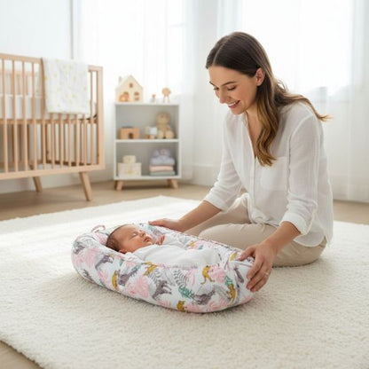 couffin bébé jungle avec une mère qui sourit et son bébé dort