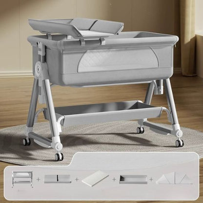 Berceau bébé gris pliable à roulettes avec rangement compact