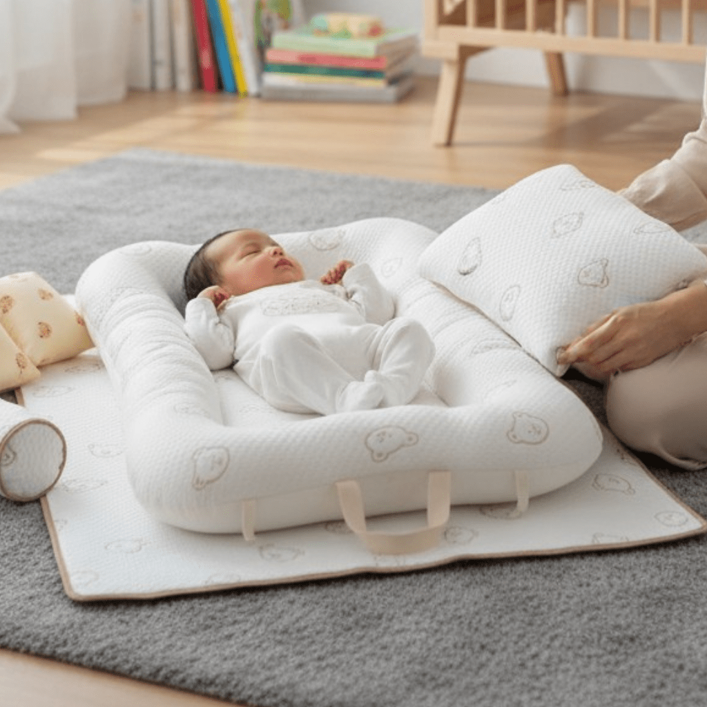 Couffin de voyage transportable – matelas lit bébé coloris crème, visuel lifestyle propre et épuré.