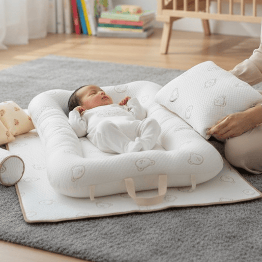 Couffin de voyage transportable – matelas lit bébé coloris crème, visuel lifestyle propre et épuré.