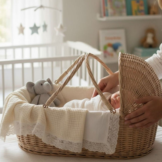 Maman caressant bébé installé dans un couffin en osier, ambiance douce.