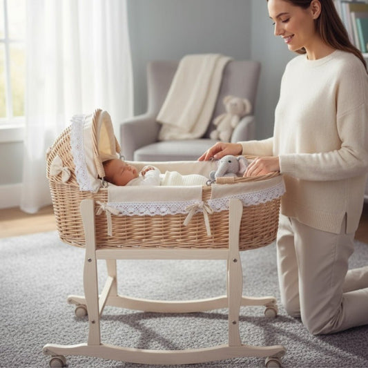 Couffin en osier pour bébé sur support en bois clair, style scandinave.