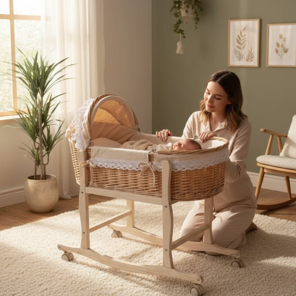 Couffin en osier pour bébé, ambiance chaleureuse dans une chambre pastel.