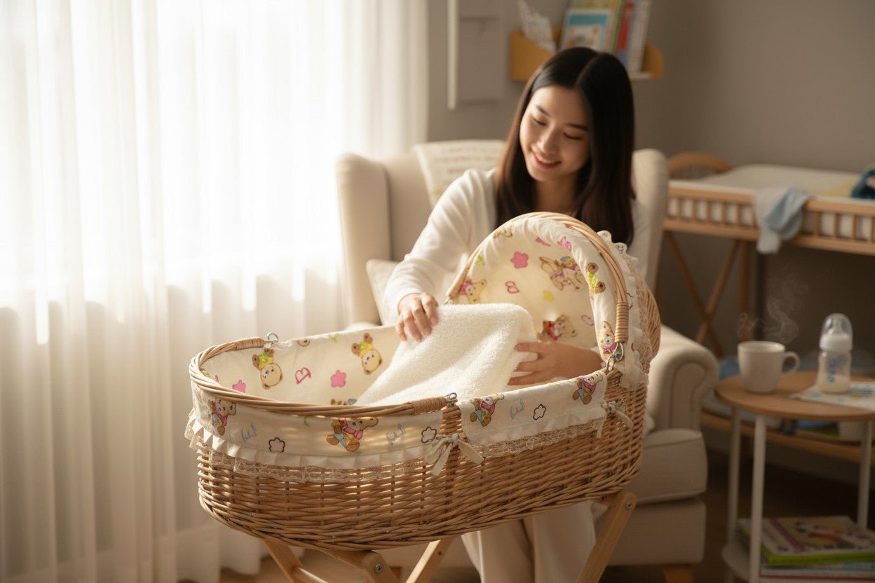 Couffin en osier pour bébé posé sur support en bois, ambiance douce et naturelle.