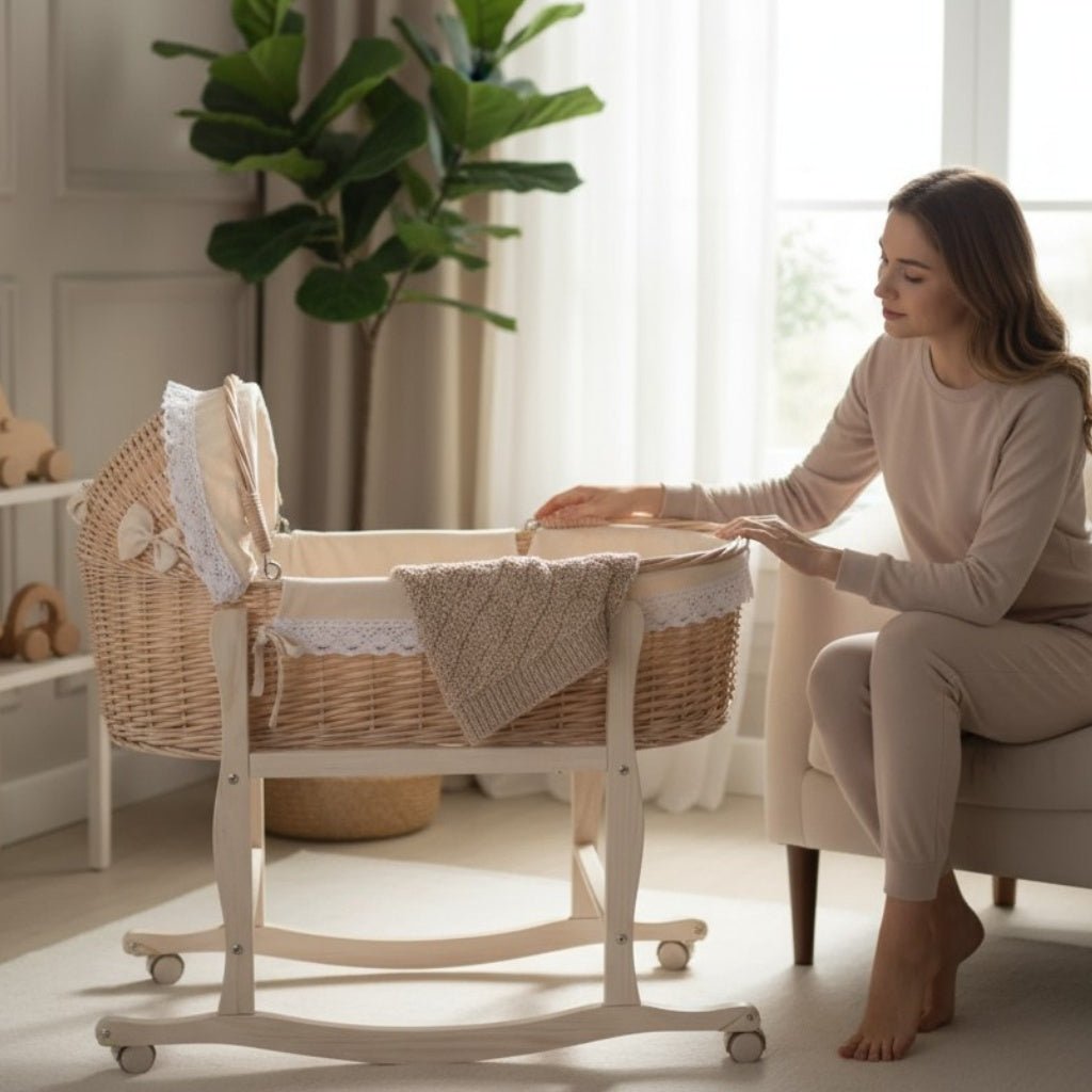 Panier couffin en osier pour bébé avec doublure coton et capote tressée.