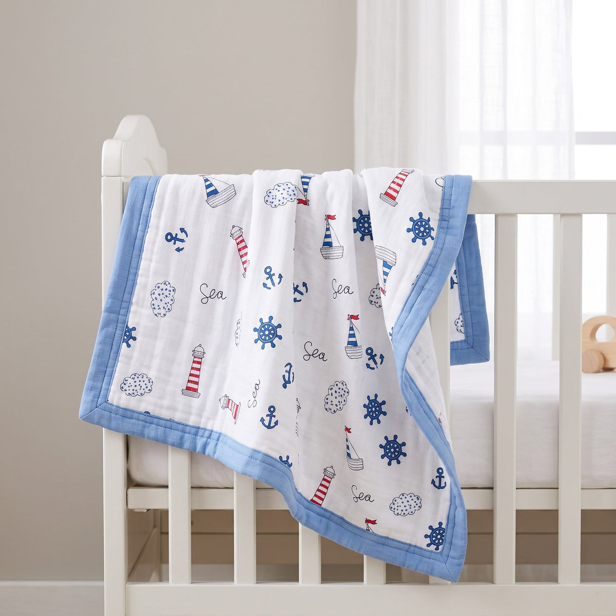 Couverture Bébé – 100% Coton à motifs marins avec bordure bleu ciel