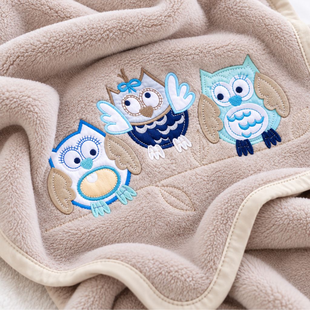 Détail macro des hiboux appliqués sur la couverture bébé garçon beige