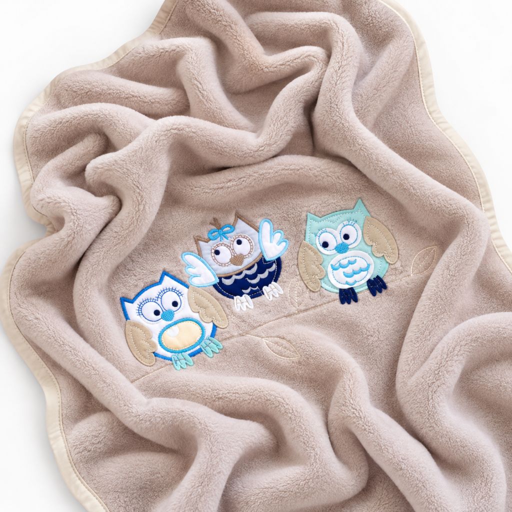 Couverture bébé garçon beige avec hiboux appliqués, drapée