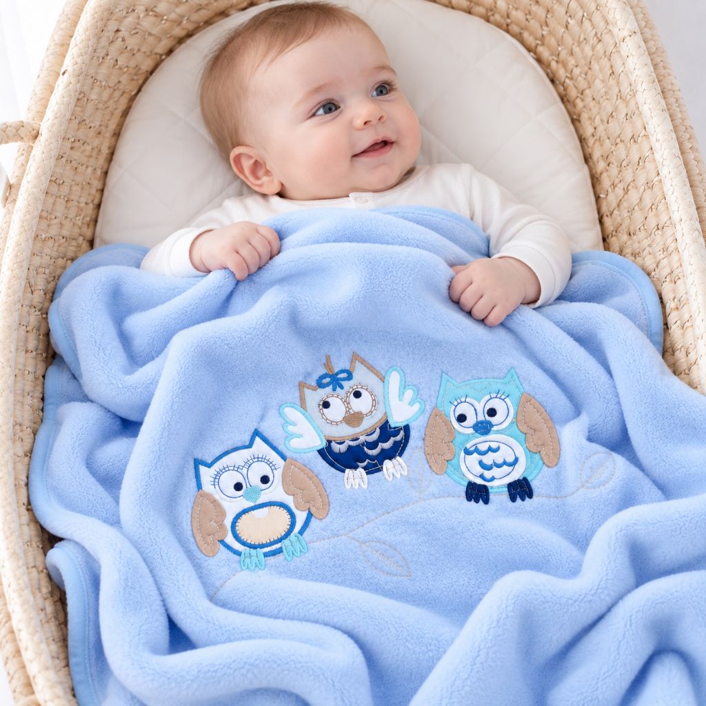 Bébé souriant dans un couffin sous la couverture bébé garçon bleue