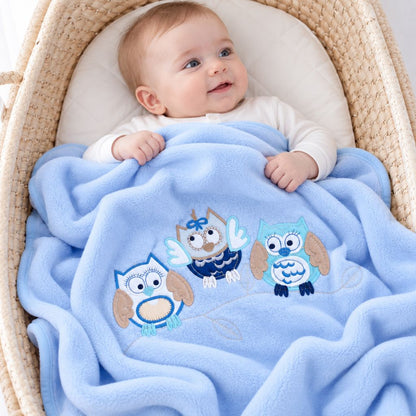 Bébé souriant dans un couffin sous la couverture bébé garçon bleue