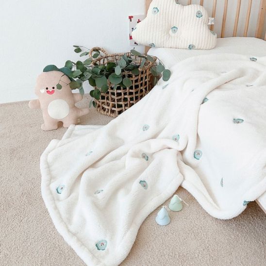 Couverture bebe sherpa douce double epaisseur motif lion bleu pastel