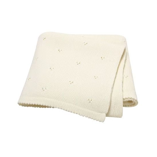 Couverture bébé tricot coton couleur crème, maille ajourée et bordure festonnée