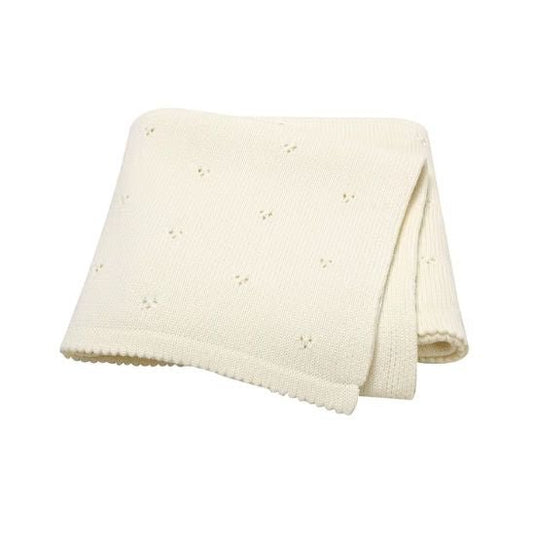 Couverture bébé tricot coton couleur crème, maille ajourée et bordure festonnée