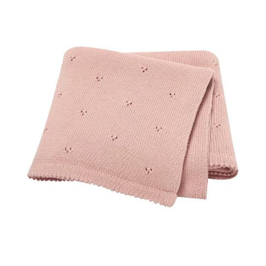 Couverture bébé tricot rose poudré, finition festonnée, format 70x90 cm