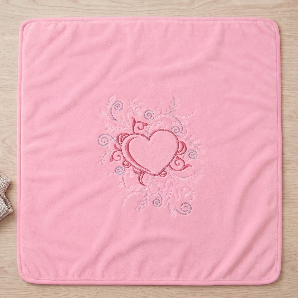 Couverture chaude bébé rose avec cœur brodé, déployée à plat