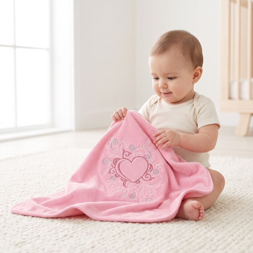 Bébé assis tenant sa couverture chaude rose avec cœur brodé