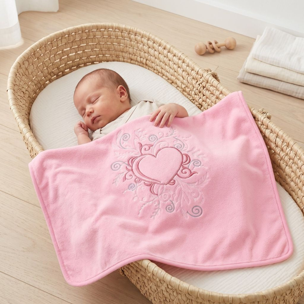 Bébé endormi dans un couffin, enveloppé dans la couverture chaude bébé rose
