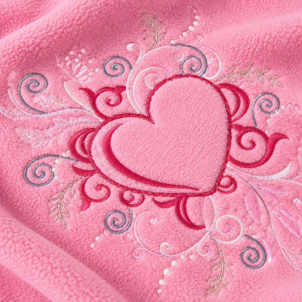 Gros plan sur le cœur brodé de la couverture chaude bébé rose
