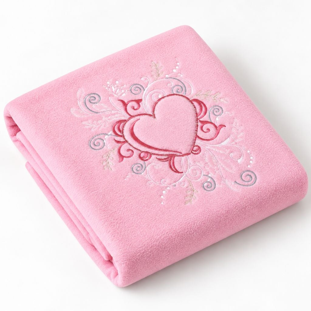 Couverture chaude bébé rose avec cœur brodé, pliée