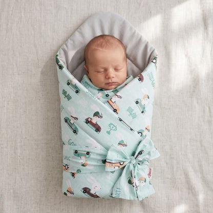 Bébé emmailloté dans une couverture motif lapins pilotes de course, intérieur gris