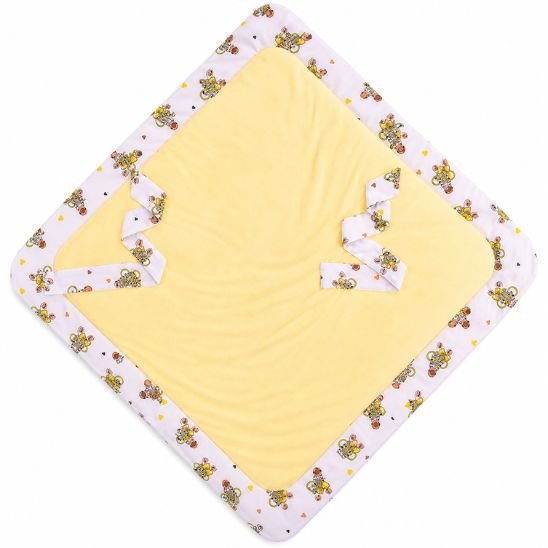 Couverture d'emmaillotage motif zèbre et ballons dépliée à plat, intérieur jaune