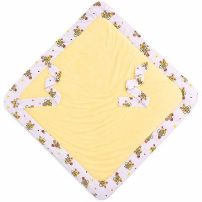 Couverture d'emmaillotage motif zèbre et ballons dépliée à plat, intérieur jaune